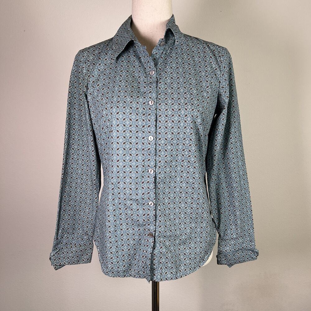 Garnet Hill Button Up Blouse Womens 4 100% Cotton Blue Geometric Business Casual